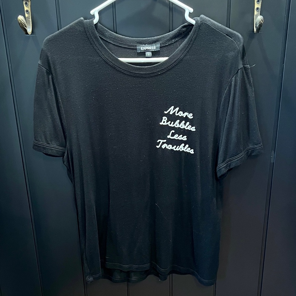 RARE Express vinateg Black Tee with White Embroidery- More Bubbles Less Troubles